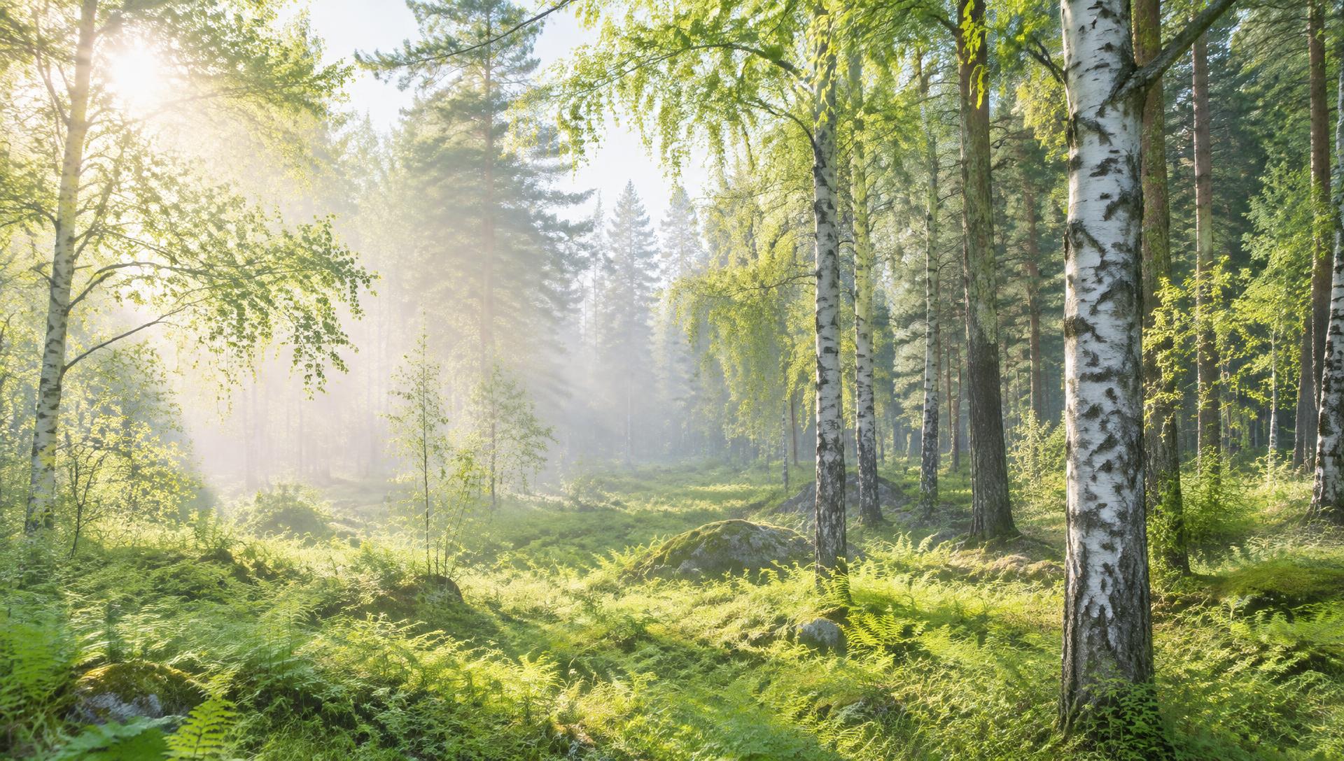 Ljus nordisk skog med björkar och morgonsol